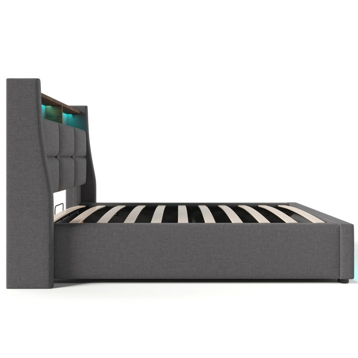 POLSTERBETT 90/200 cm aus Leinen mit LED USB und Matratze Grau - Grau, Textil (90/200cm) - Modenvie