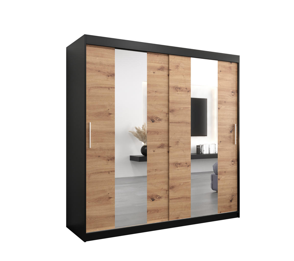 SCHWEBETÜRENSCHRANK 200/200/62 2-türig - Silberfarben/Schwarz, Holz/Kunststoff (200/200/62cm) - Abiks Möbel