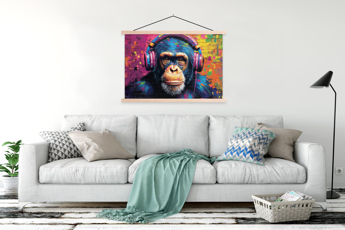 POSTER Graffiti - Schimpanse - Straßenkunst - Kopfhörer - Affe 120x80 cm - Blau, Textil (120/80/0.15cm) - MuchoWow