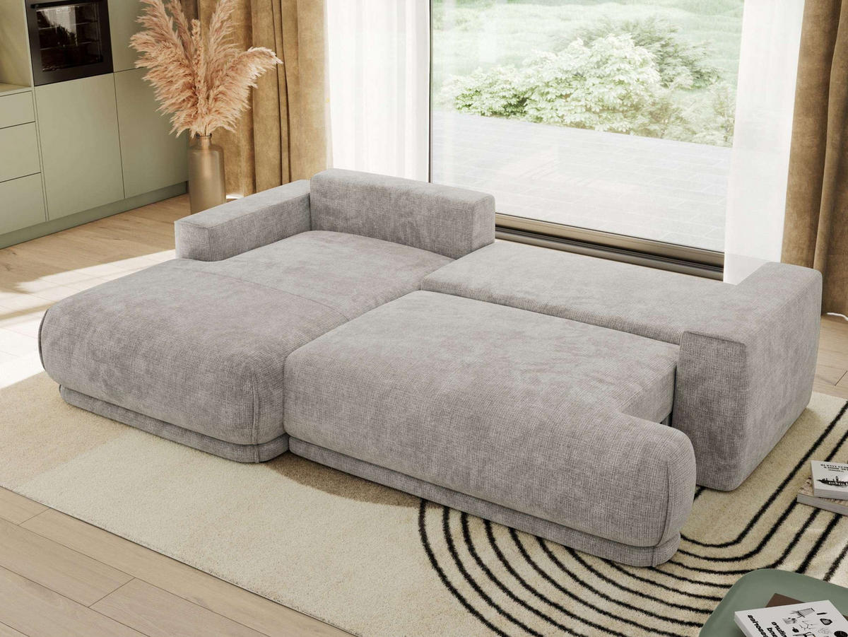 ECKSCHLAFSOFA RINA L Hellgrau Schenille grob gewebt - links - Hellgrau/Schwarz, Kunststoff/Textil (267/170cm) - MKS