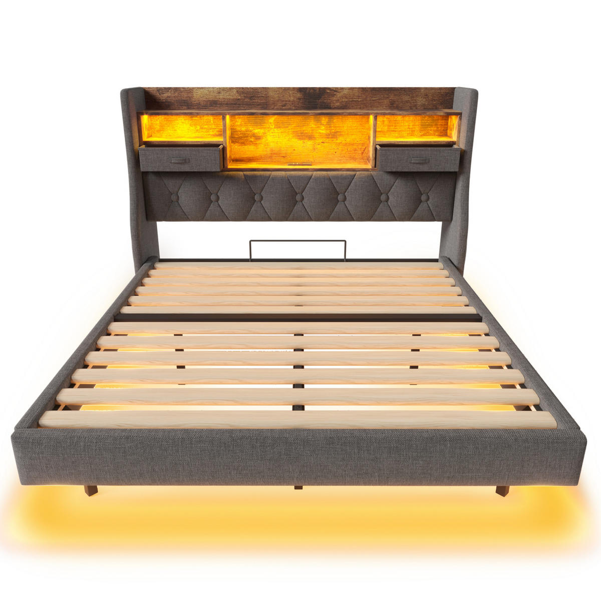 BETT mit LED, Ladestation und Stauraum 140x200 cm Leinen Grau - Grau, Holz (140/200cm) - Meubliv