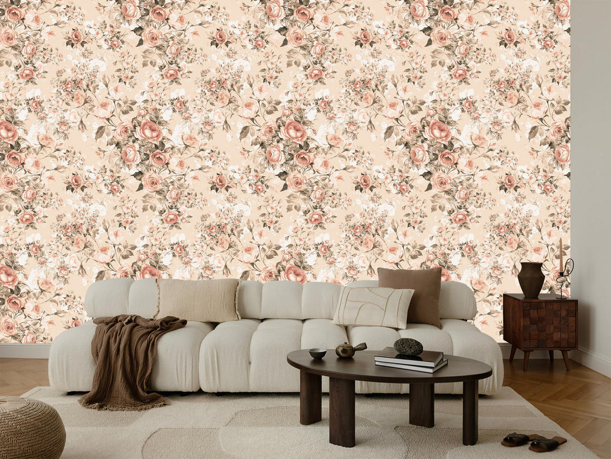 VLIESTAPETE Rosen im Retro-Stil – Rosa, Beige – 50x1000 cm - Beige/Rosa, Papier (50/1000cm) - Muralo