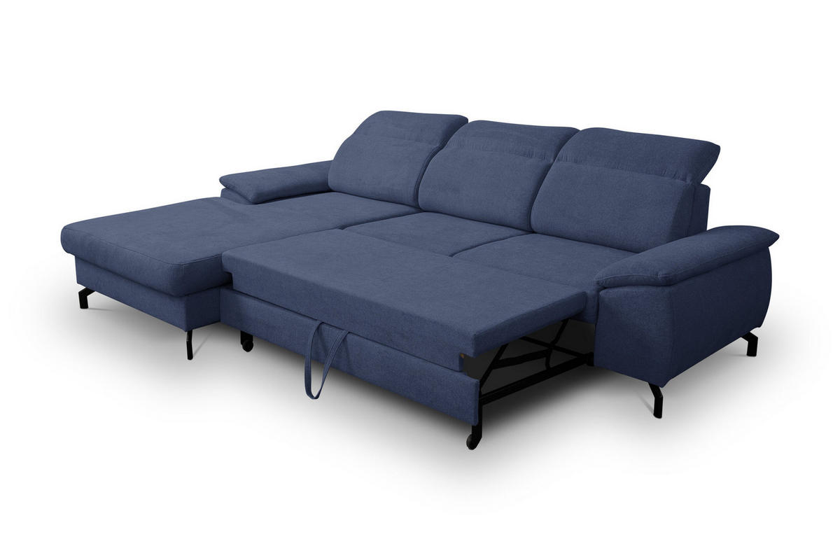 ECKSOFA MALIBU mit Schlaffunktion und Bettkasten, Farbe: Blau , Velourstoff, Ottomane Links - Blau, Textil (276/184cm) - VENASI MÖBEL