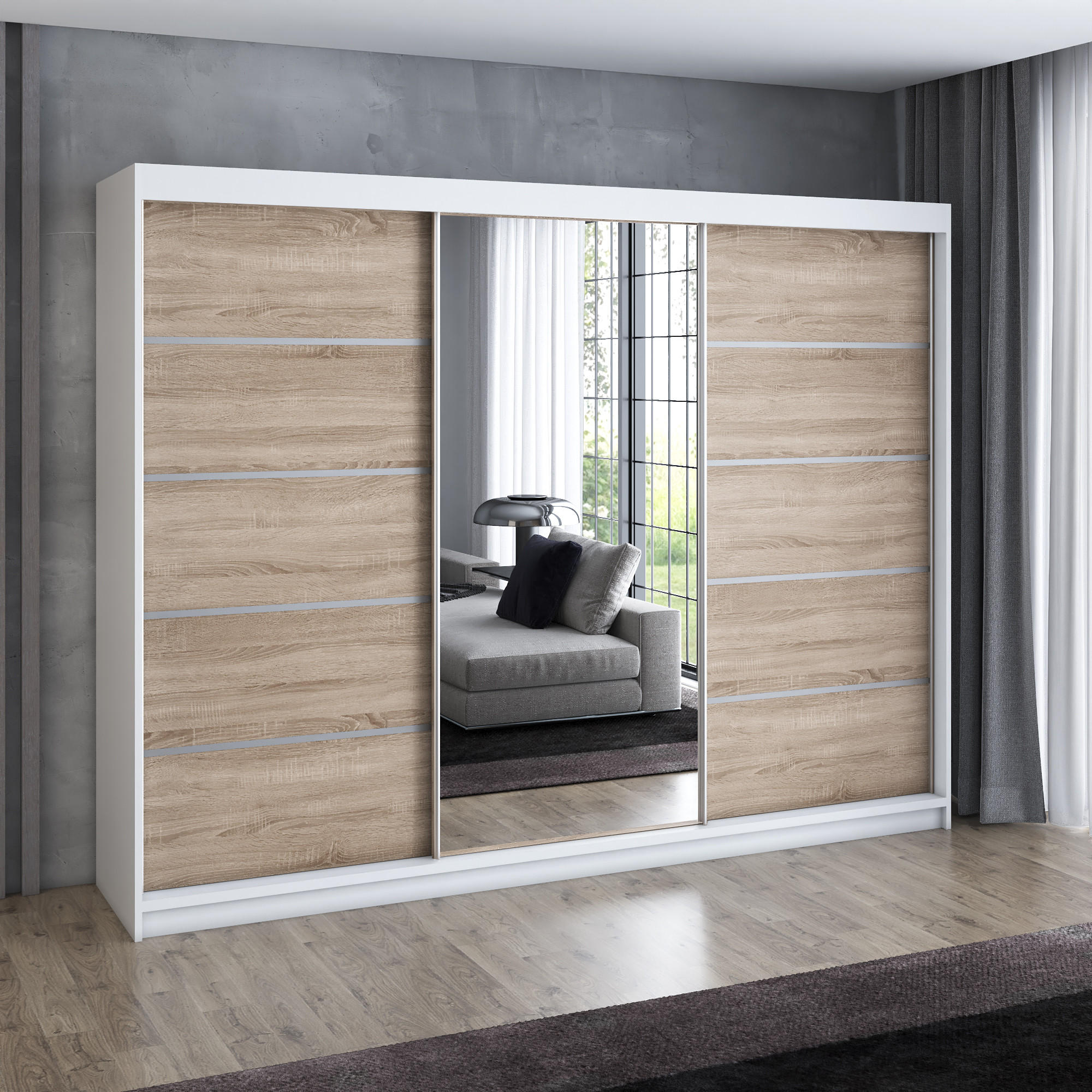 SCHWEBETÜRENSCHRANK 200 cm VILANO 1 Farbe: Weiß, Sonoma - Weiß/Sonoma Eiche, Holzwerkstoff (200/215/59.5cm) - A&J MöbelLand