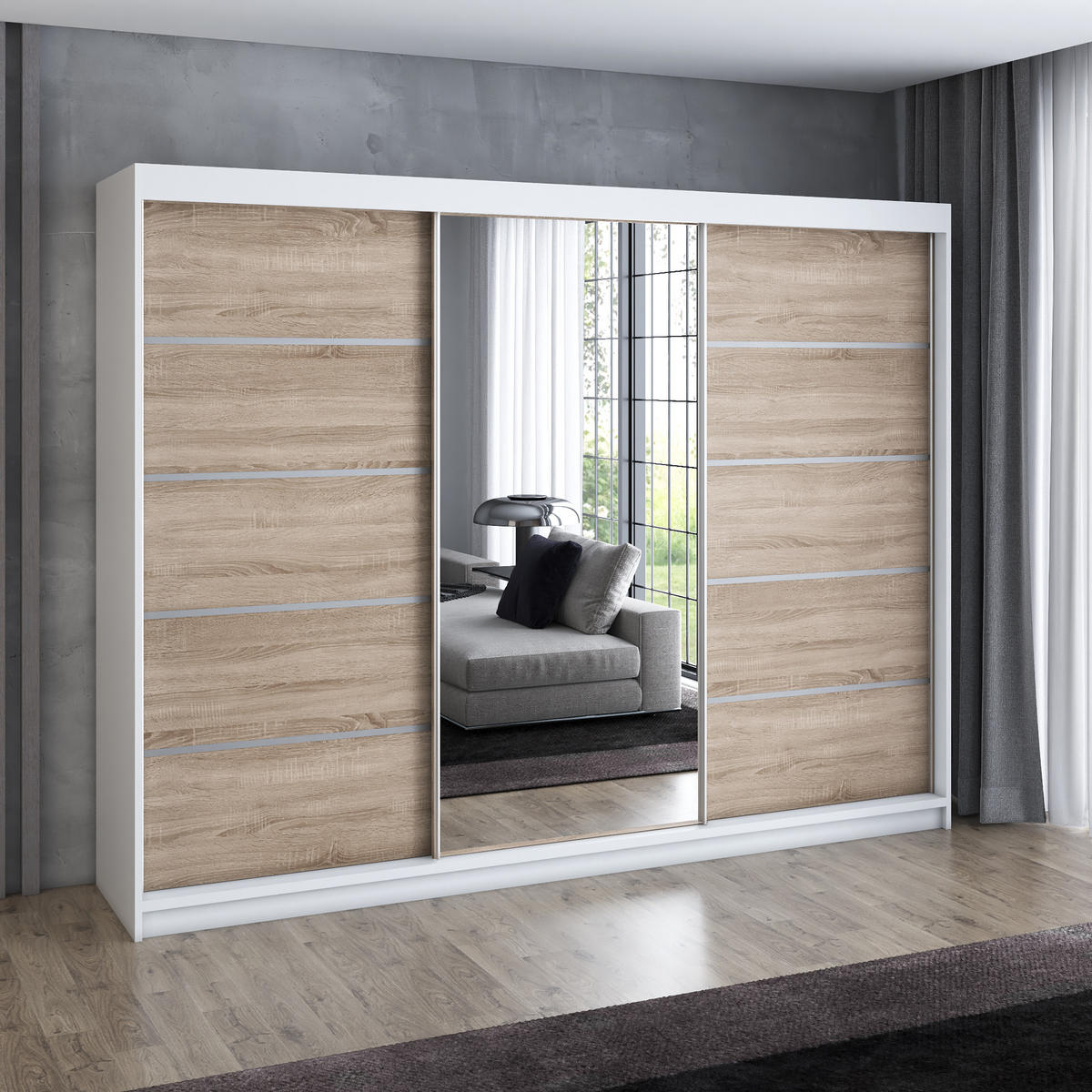 SCHWEBETÜRENSCHRANK 200 cm VILANO 1 Farbe: Weiß, Sonoma - Weiß/Sonoma Eiche, Holzwerkstoff (200/215/59.5cm) - A&J MöbelLand