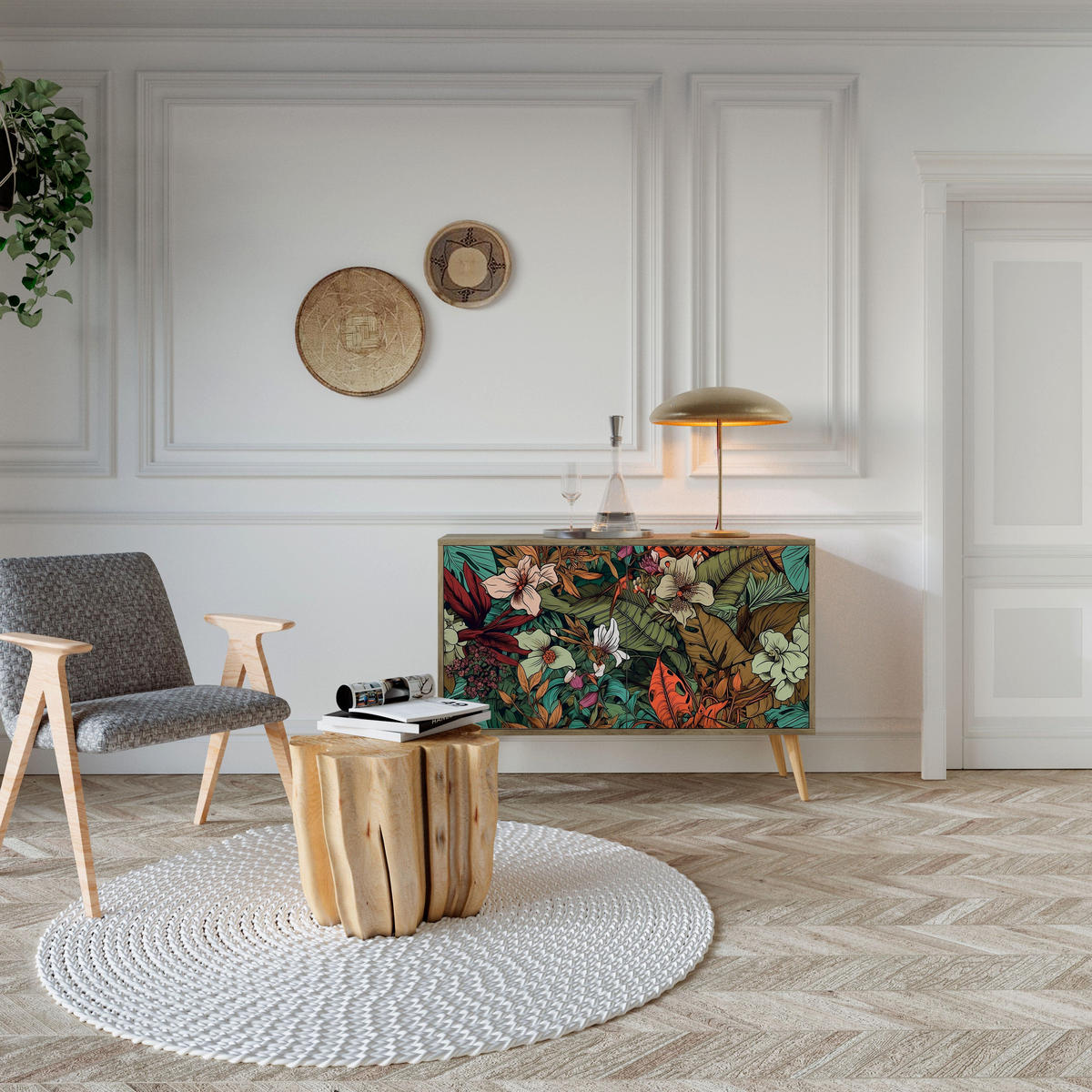 SIDEBOARD BOTANICAL EMERGENCE, Eicheneffekt, 111x42x77,5 cm, 2 Türen - Eichefarben/Buchefarben, Holzwerkstoff/Buchenholz (111/77.5/42cm) - SpaceRebels