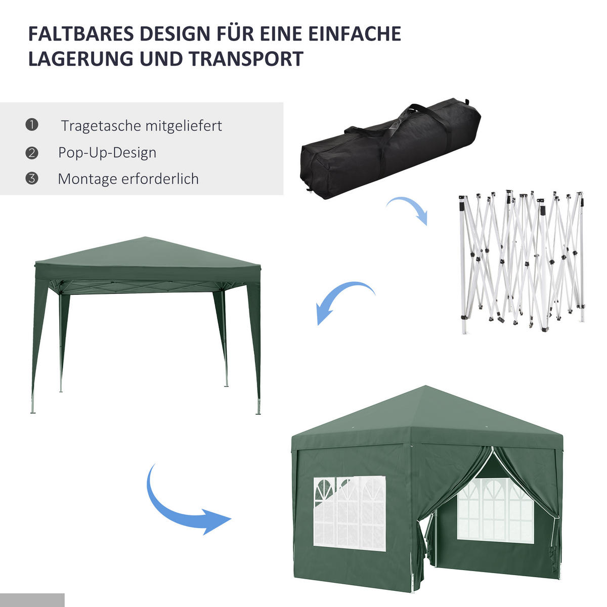 PAVILLON mit 4 Seitenwänden, Oxfordstoff, Stahl, Grün - Grün, Textil/Metall (2.95/2.58/2.95cm) - Outsunny