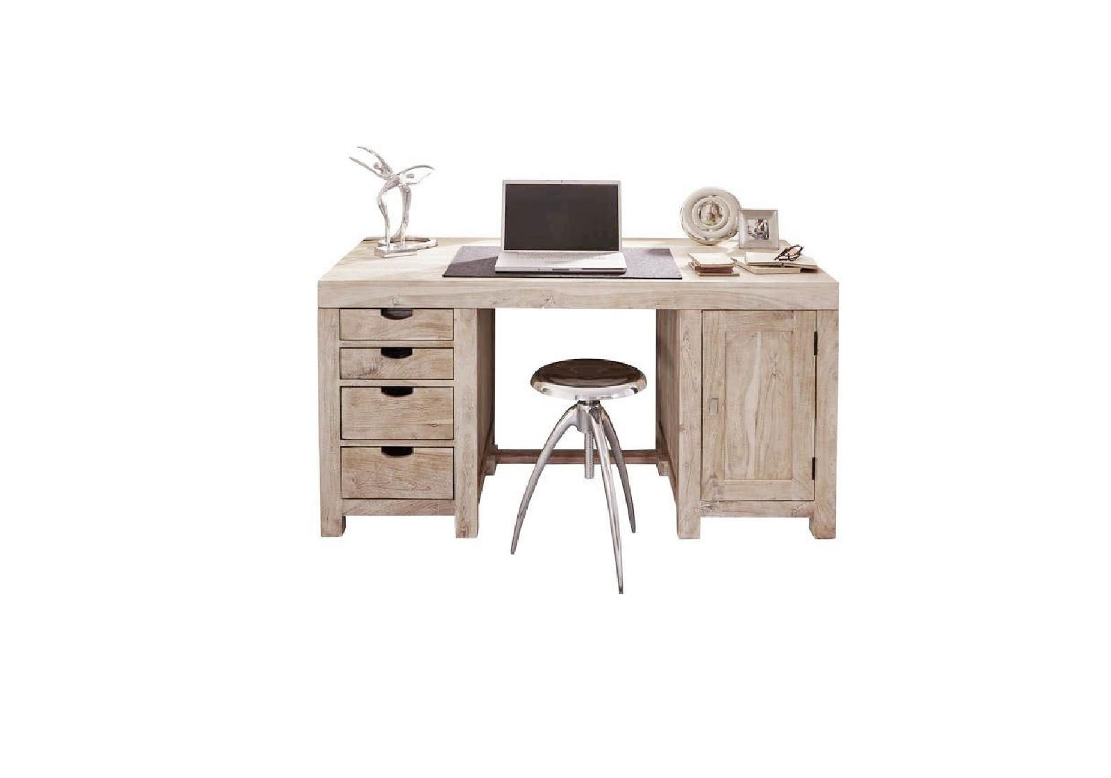 SCHREIBTISCH Akazie 150x75x78 white stone getüncht NATURE WHITE #70 - Beige, Holz (75/150/78cm) - Massivmoebel24