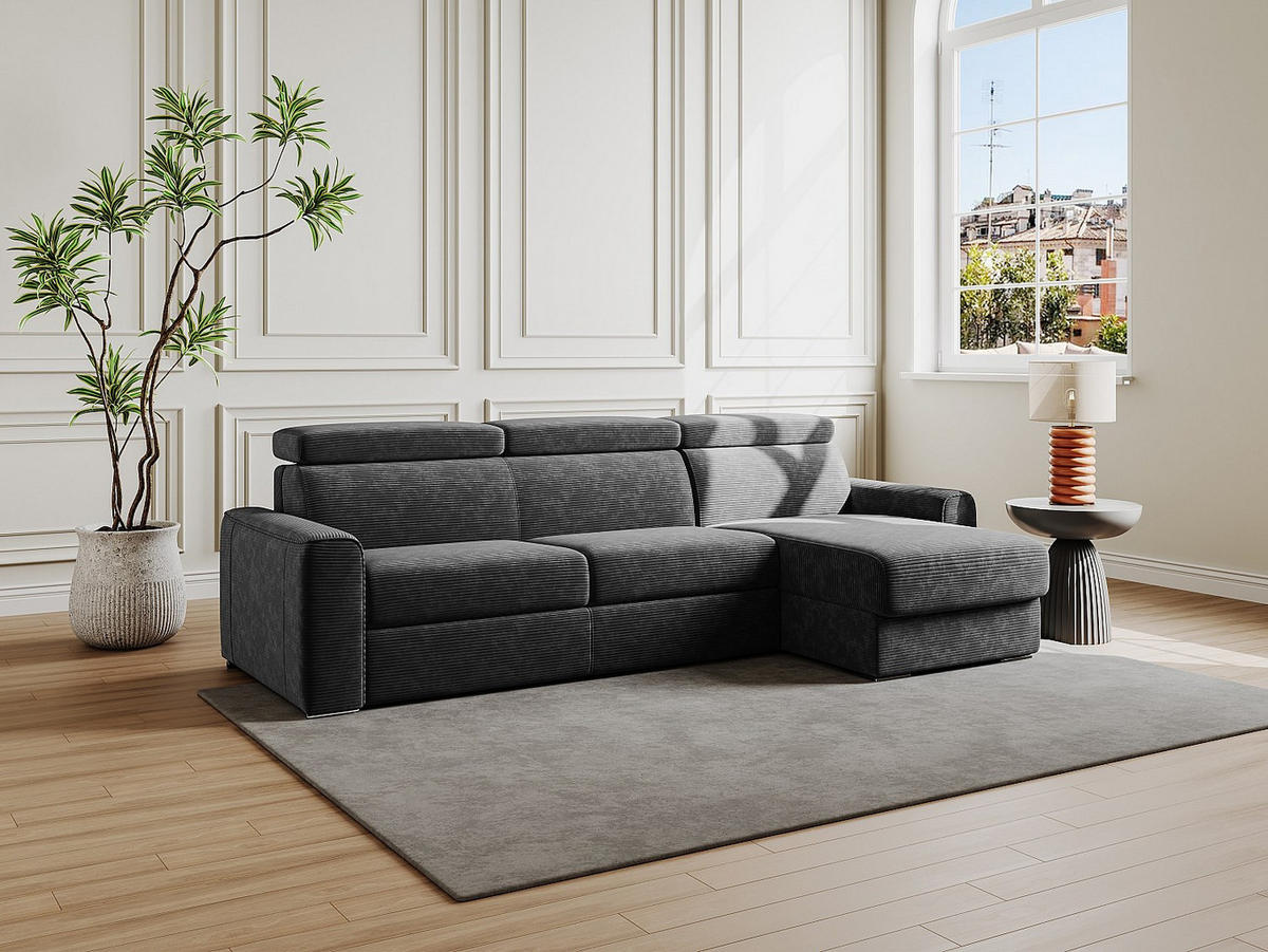 ECKSOFA mit Matratze - Ecke wechselbar - Cord - Anthrazitgrau - Liegefläche mit Lattenrost mit breiten Latten 140 cm - Matratze 22 cm - Memory Schaum - Anthrazit, Textil (282/223cm) - Vente-Unique