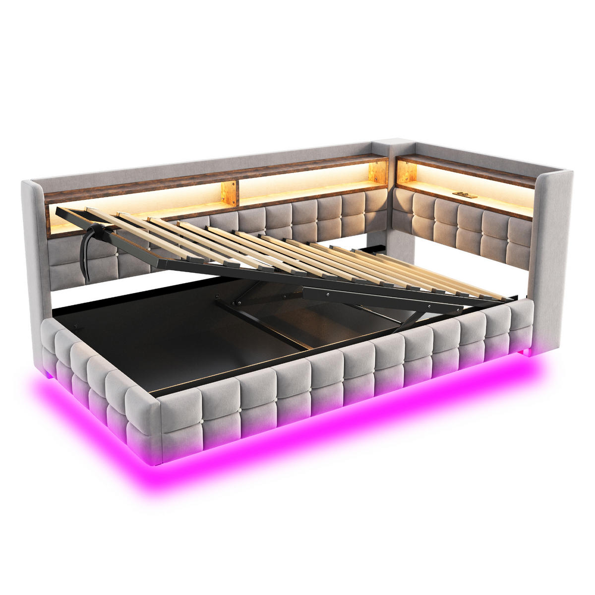 SCHLAFSOFA 90/200 cm in Hellgrau mit Stauraum, LED, USB und Typ-C - Hellgrau, Holzwerkstoff/Textil (90/200cm) - WISHDOR