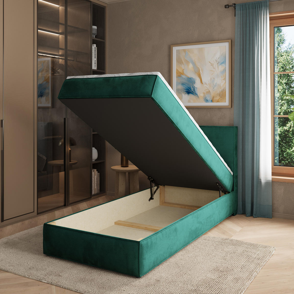 BOXBETT PELLIO 90x200 cm mit Matratze und Topper - Grün - Grün, Holz (90/200cm) - MASSENO