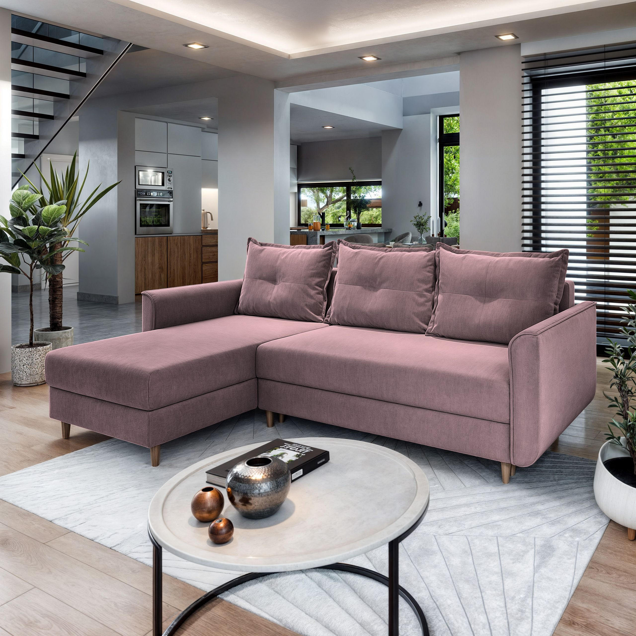 ECKSOFA PISAN L-S Rosa Plüsch-Stoff mit Schlaffunktion - Rosa, Holz (220/140cm) - MASSENO