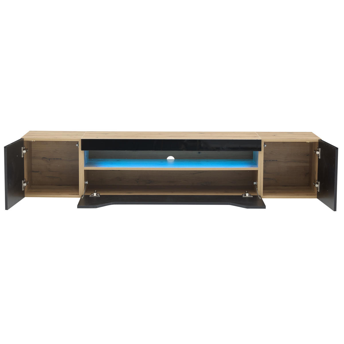 TV-LOWBOARD aus Spanplatte 180x37x36 cm Schwarz/Natur mit LED-Beleuchtung, wandmontiert und Hochglanzfront - Schwarz, Holzwerkstoff (180/36/37cm) - Modfu