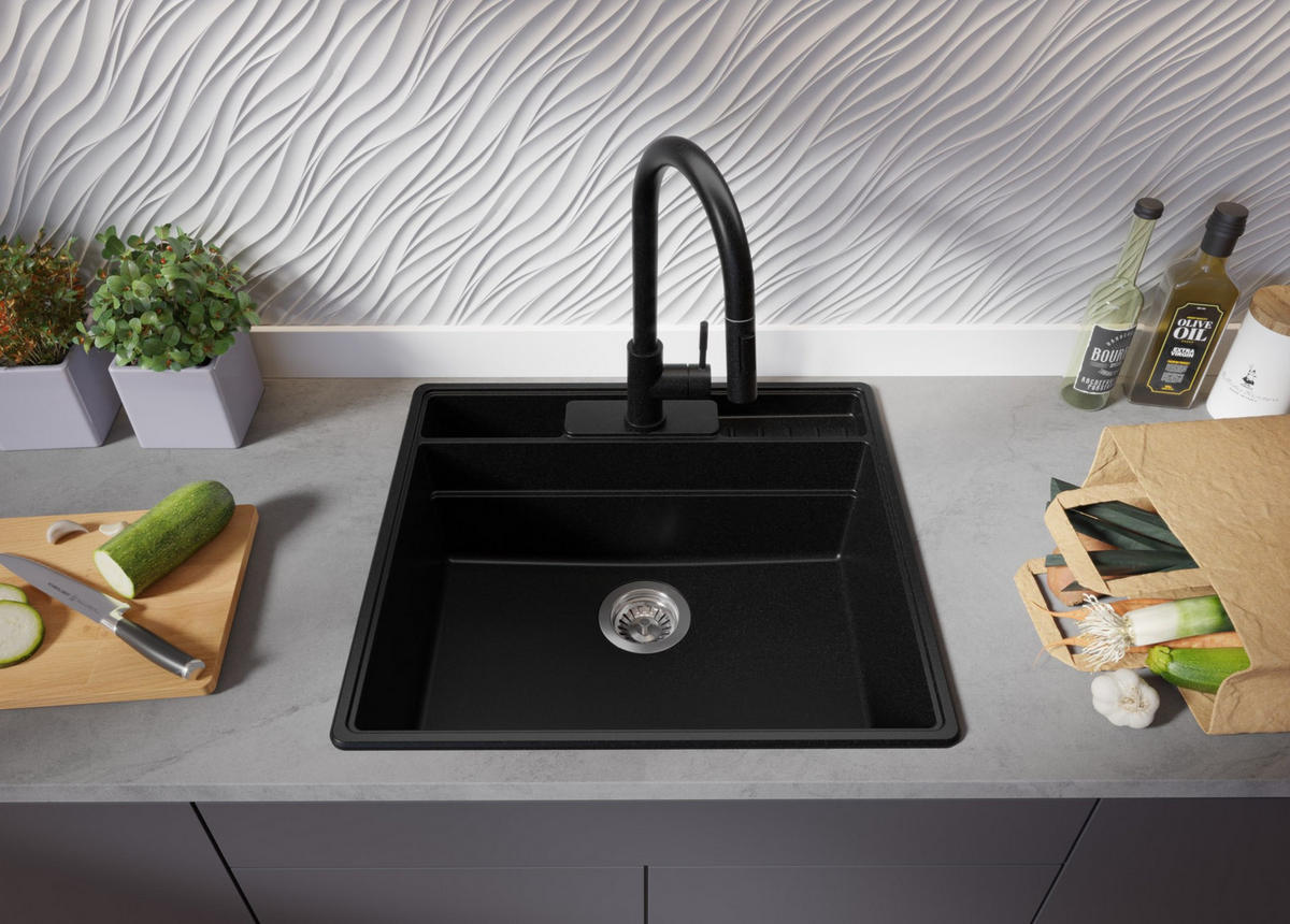 GRANITSPÜLE New York, 2-er set Alles Schwarz 58/53 cm 1 Becken + Küchenarmatur 40/38 cm + Ablauf-Set + Küchenzubehörset ab 60er Unterschrank - Schwarz, Kunststoff (58/20/53cm) - Primagran