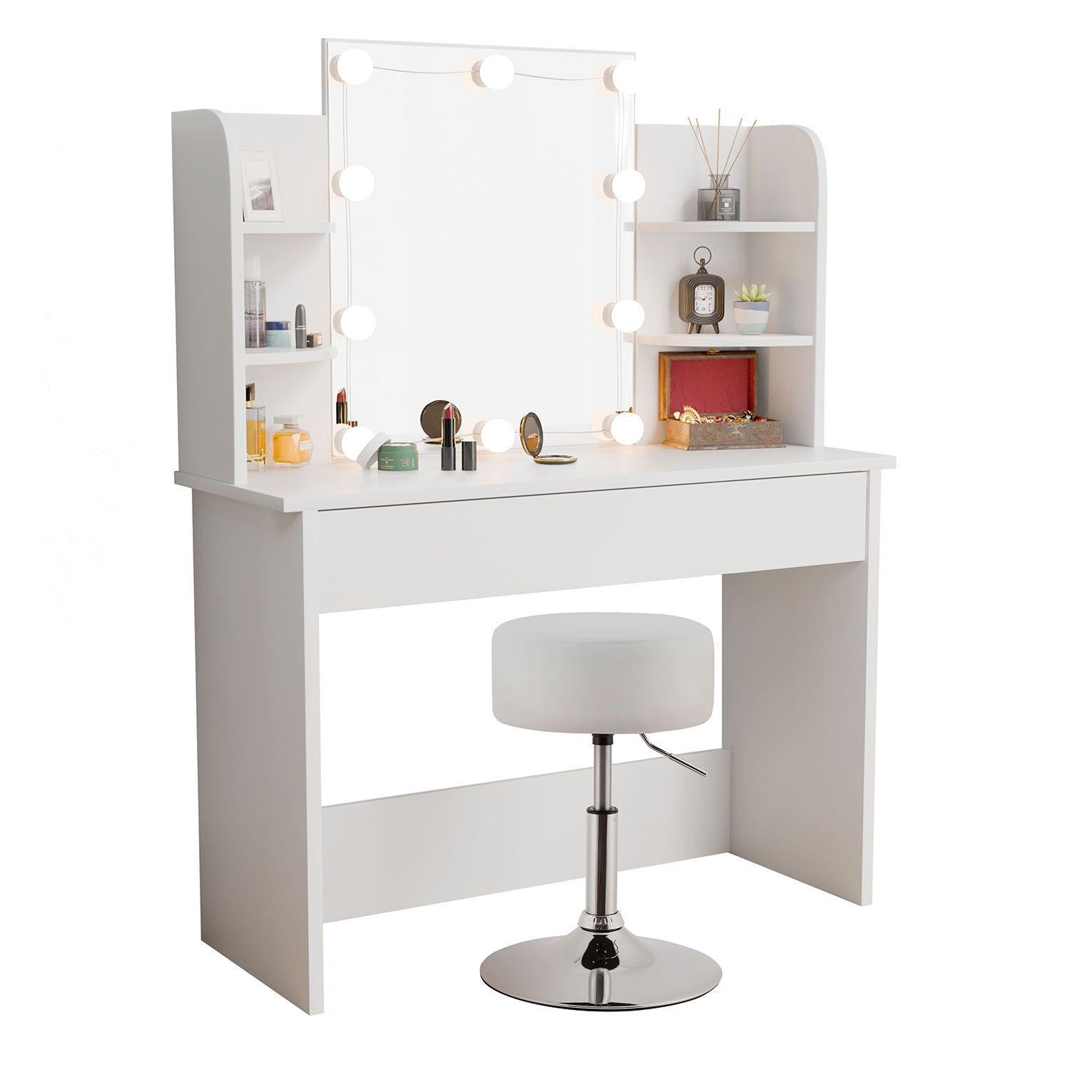 SCHMINKTISCH Bella mit LED und Hocker Tonia - Weiß, Holz (40/140/108cm) - Juskys