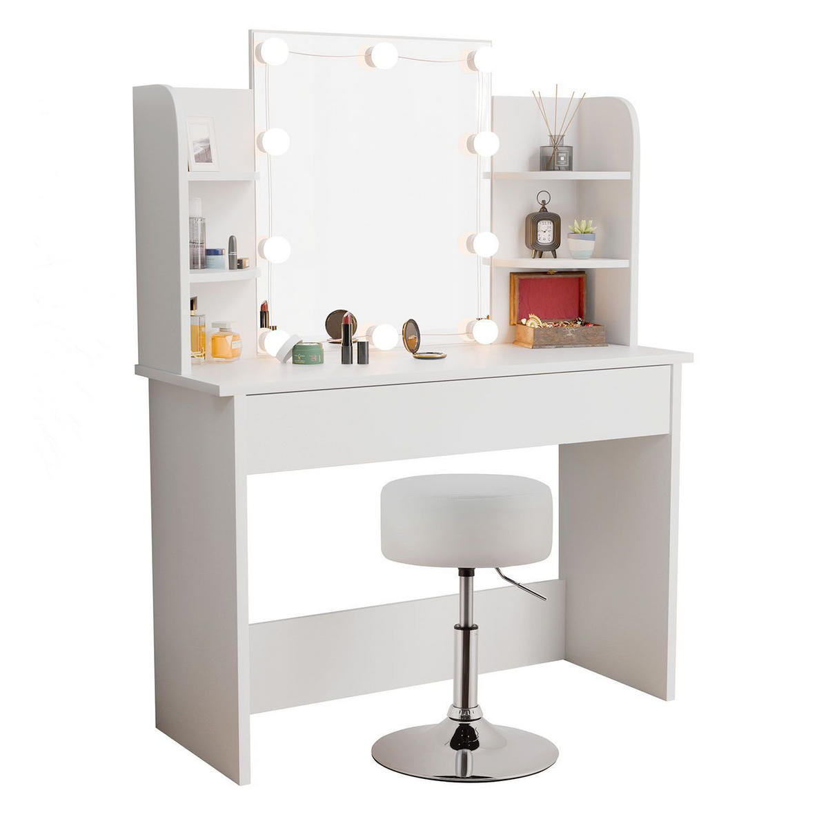 SCHMINKTISCH Bella mit LED und Hocker Tonia - Weiß, Holz (40/140/108cm) - Juskys