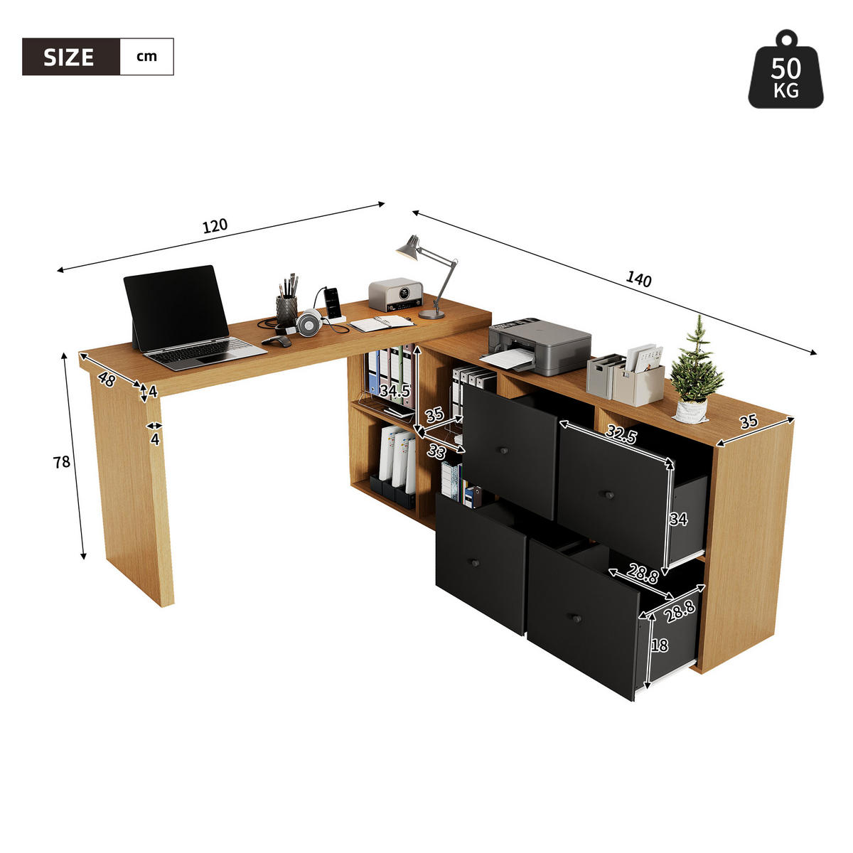 ECKSCHREIBTISCH 360° drehbar L-Form 4 Schubladen 4 Fächer MDF modern - Multicolor, Holzwerkstoff (120/48/78cm) - FLIEKS