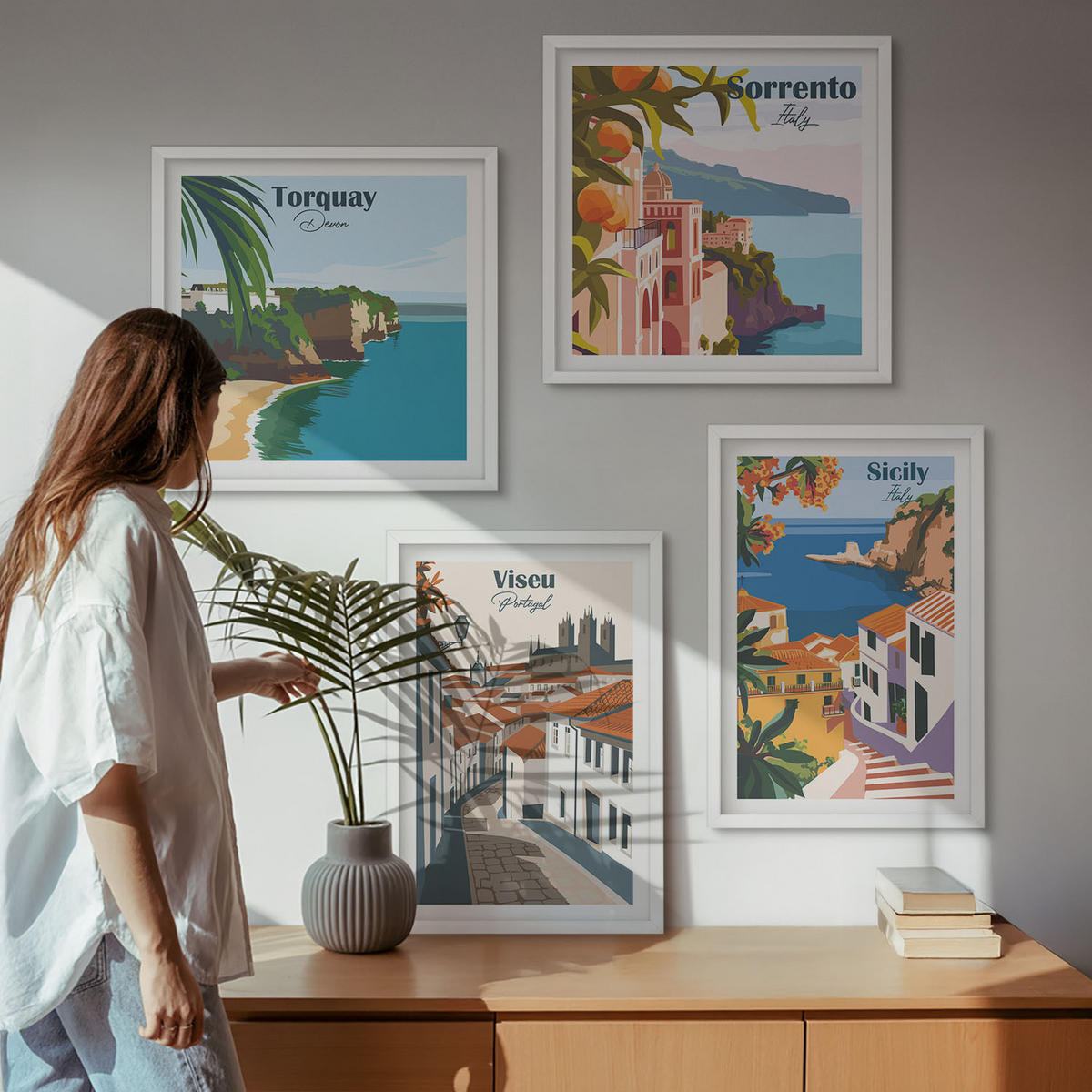 WANDBILDER 4er-Set - 50x50 cm & 40x60 cm Weißer Rahmen - Retro-Illustrationen von Weltstädten - Weiß, Kunststoff (50/50cm) - ArtPrintCave