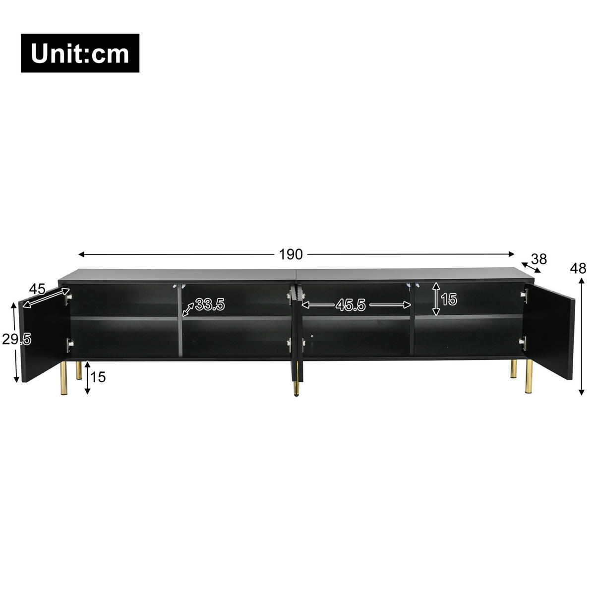 TV-LOWBOARD aus MDF und Spanplatte 190x38x48 cm Schwarz mit 4 Türen, gerillter Front und goldfarbenen Beinen - Schwarz, Holzwerkstoff (190/48/38cm) - Modfu