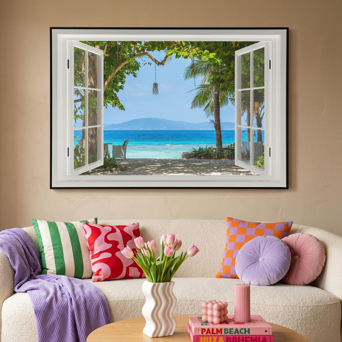 LEINWAND Bilder mit Rahmen - Aussicht - Baum - Meer - Palme - Hügel - Strand - Blau - 120x80 - Blau, Textil (120/80cm) - MuchoWow