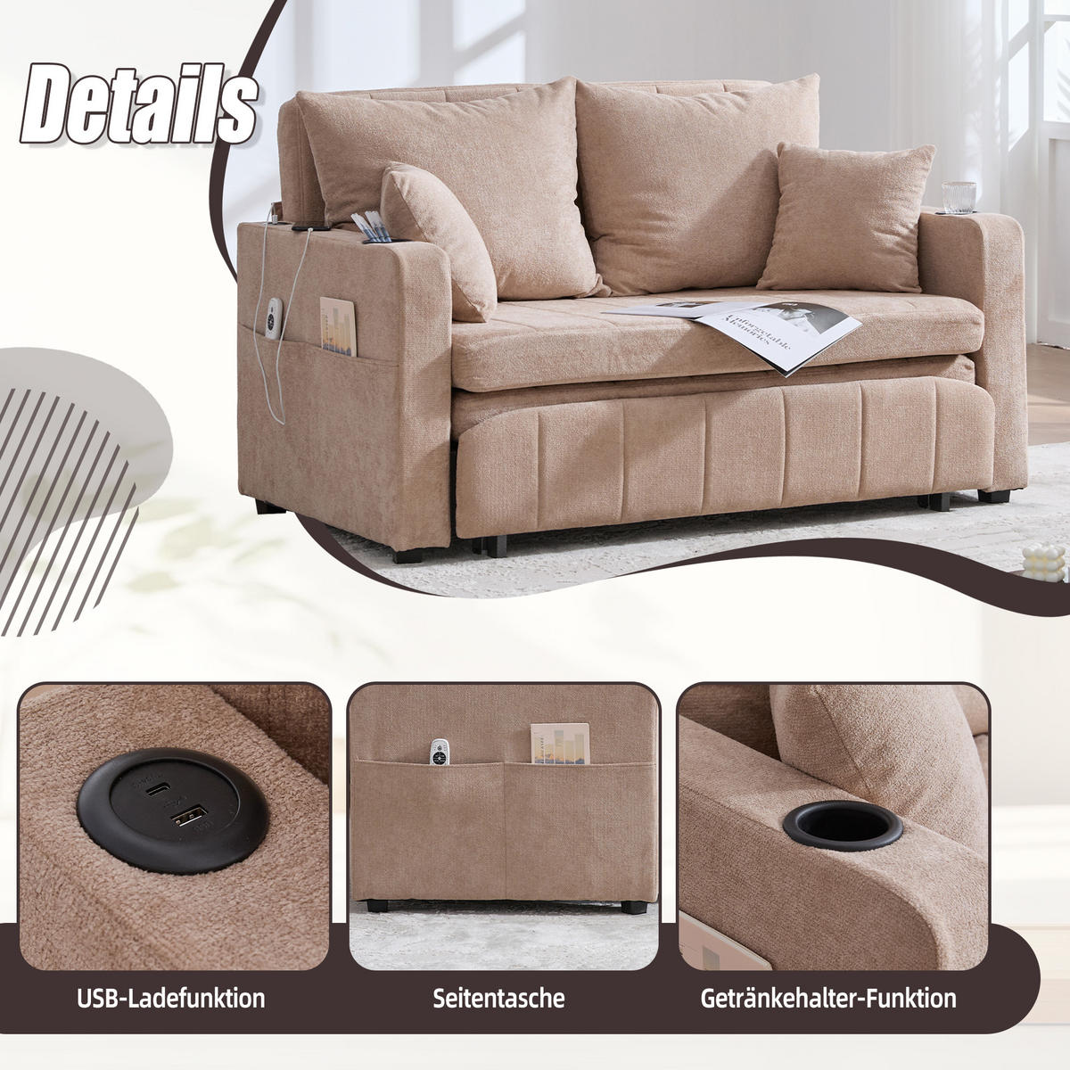 SCHLAFSOFA klappbar mit USB und Getränkehaltern, Khaki - Sandfarben, Textil (139/83/73cm)