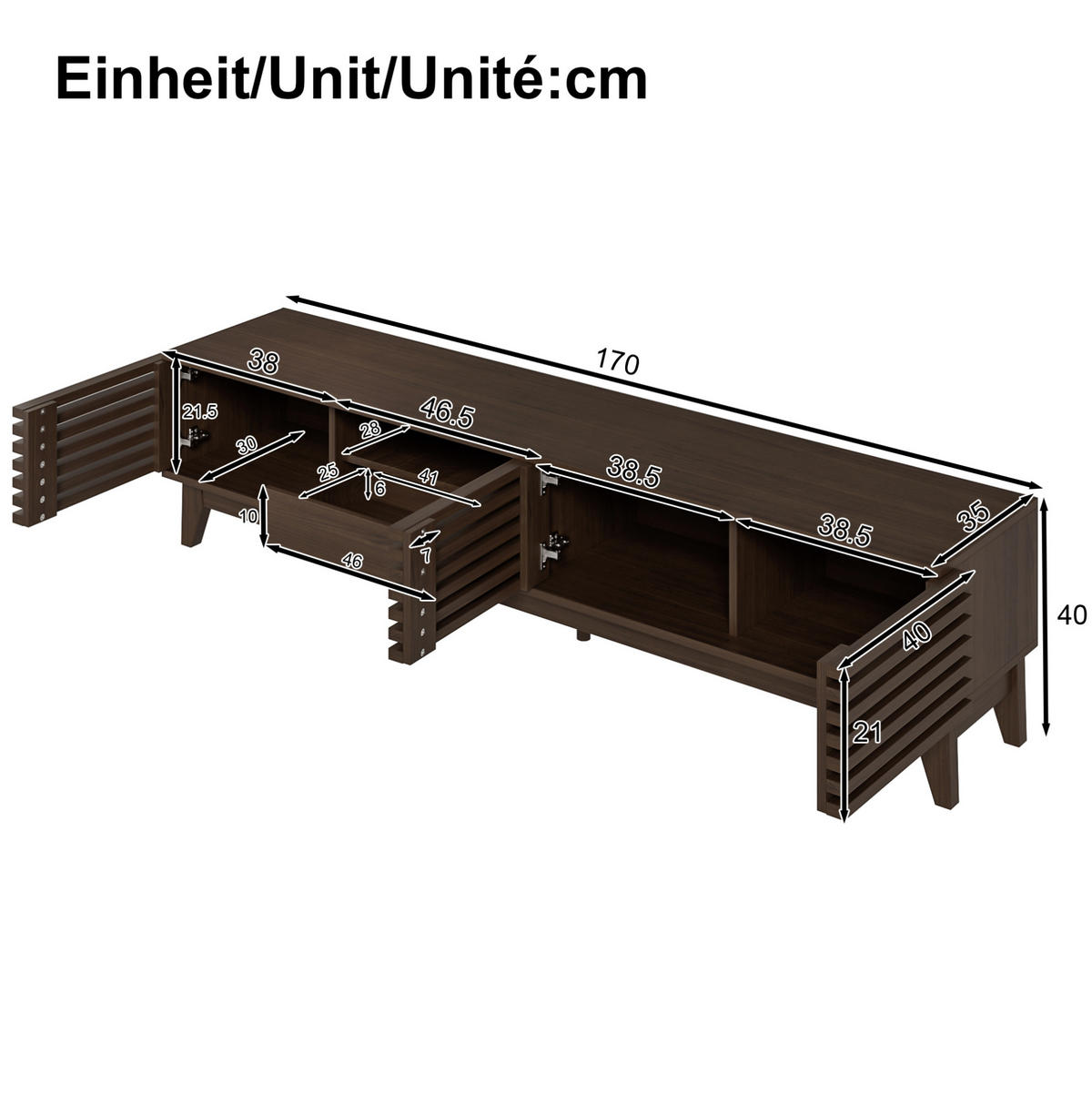 TV-LOWBOARD mit 3 Türen und 1 Schublade 170 cm Holzmaserung - Braun, Holzwerkstoff (35/40/170cm) - Beauniv