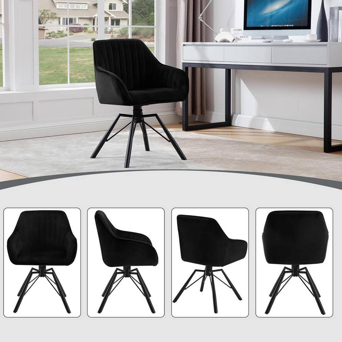 ESSZIMMERSTUHL drehbar, Samt Sessel, Schwarz - Schwarz, Textil/Metall (57/83.5/53cm) - Woltu