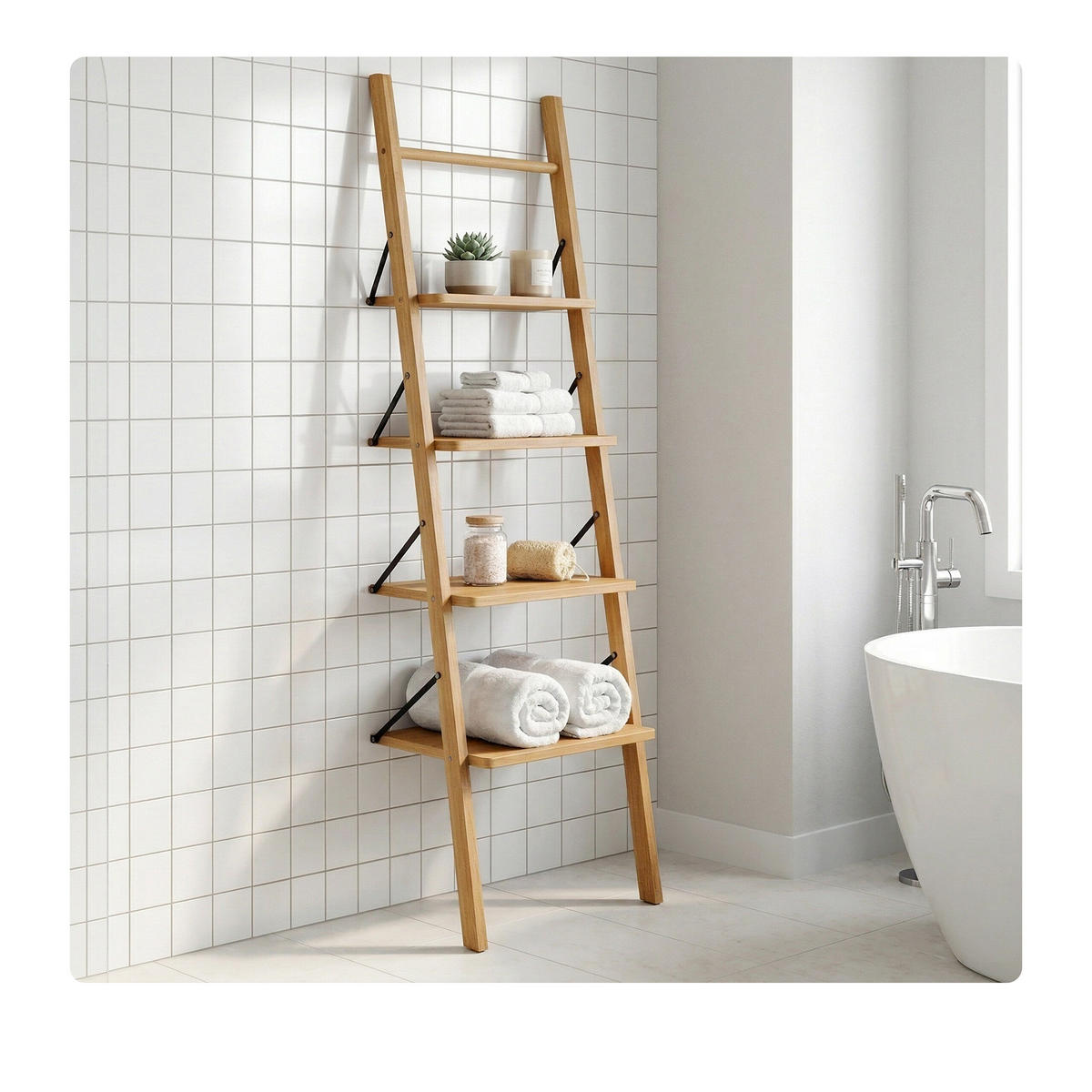 LEITERREGAL Natur Walnussholz geölt 4 Ablagen 180 cm - Hellbraun, Holz (44/180/35cm) - Relaxdays