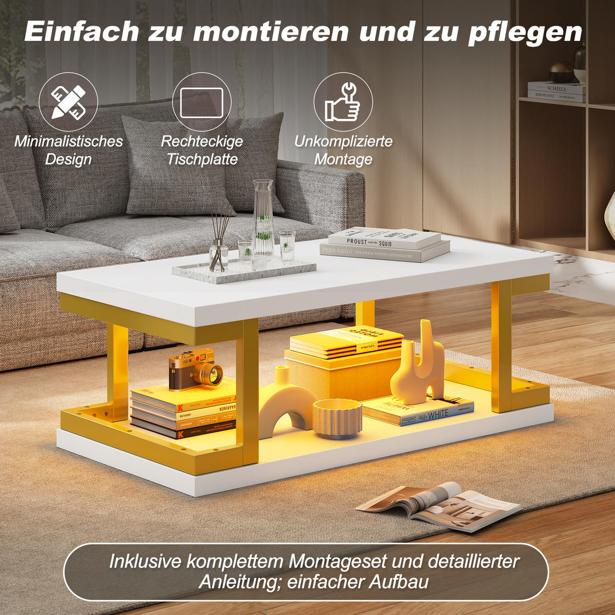 COUCHTISCH in Weiß und Gold mit LED-Beleuchtung für Wohnzimmer und Esszimmer, B100/T50/H37,5 cm - Goldfarben/Weiß, Holzwerkstoff/Metall (50/100/37.5cm) - STILVORA