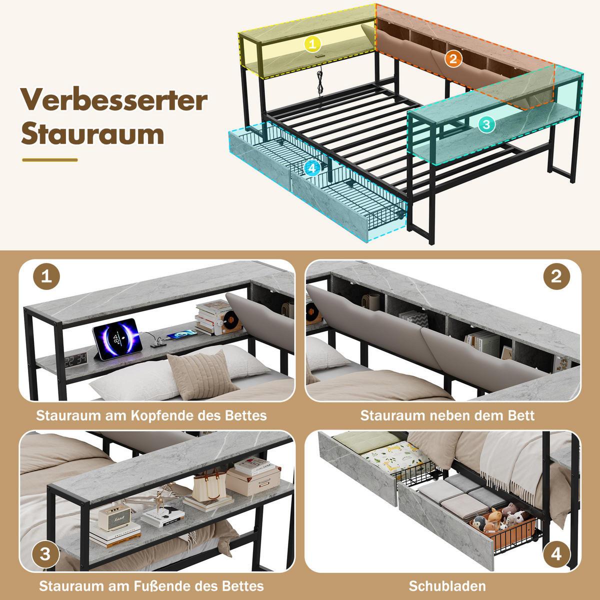 POLSTERBETT 90/200 cm mit USB- und Type-C-Anschluss, 2 Schubladen, 6 Staufächern und Lattenrost, Grau - Grau, Holzwerkstoff (90/200cm) - Redom