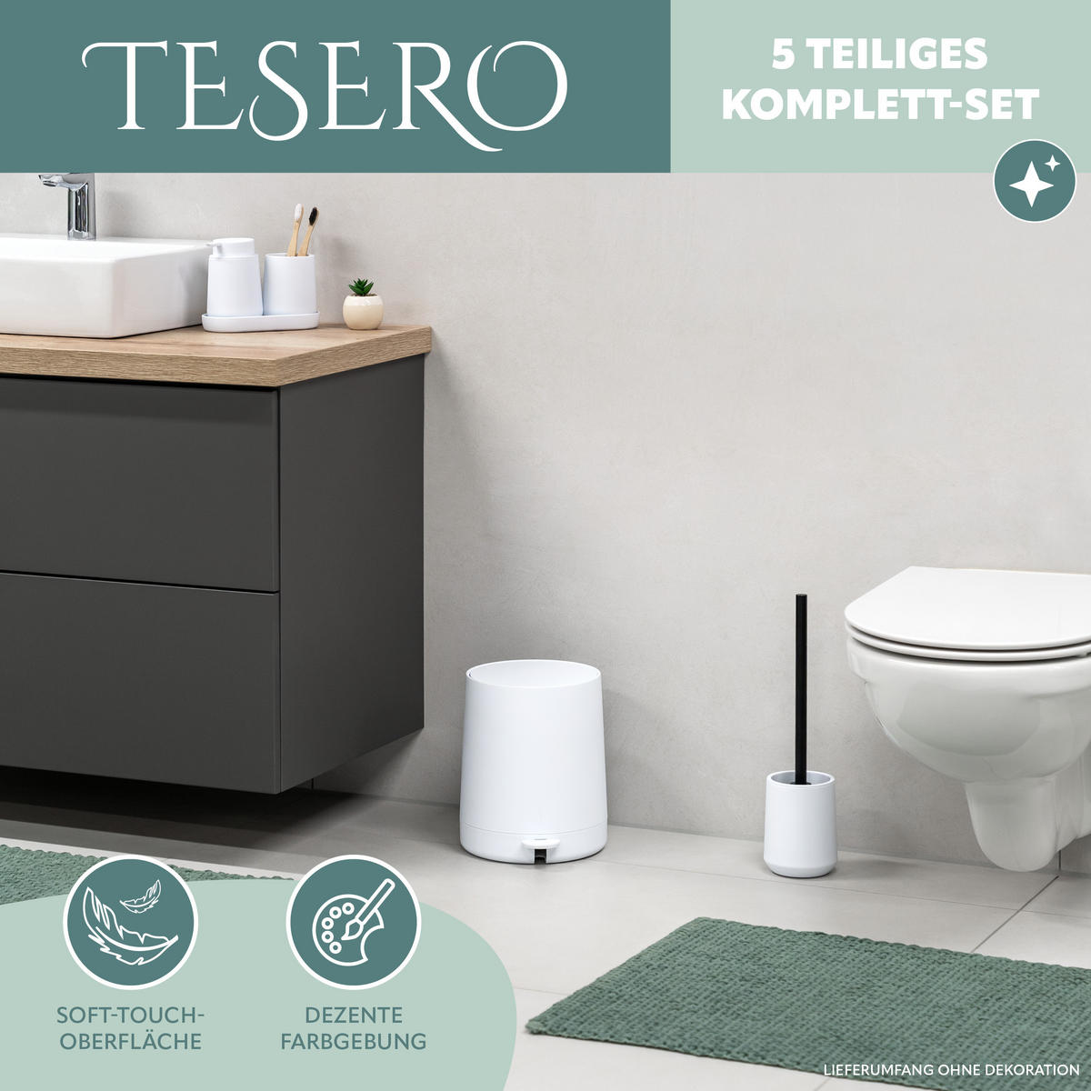 BAD-ACCESSOIRES-SET TESERO, Soft-Touch, weiß - Weiß, Kunststoff (22.5/25.5/25cm) - eluno