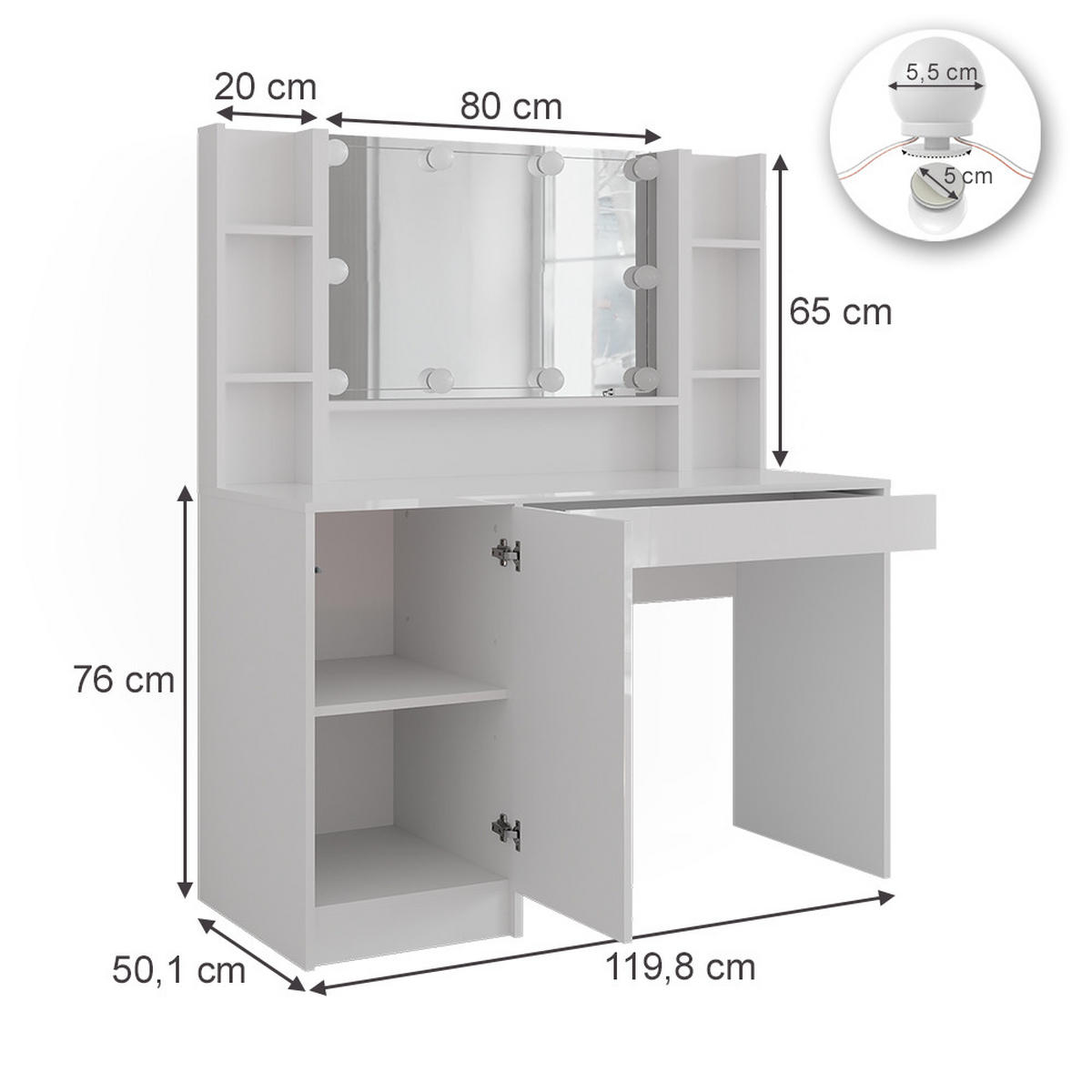 SCHMINKTISCH Sherry Weiß/Weiß Hochglanz 119.8 cm 4 Teile - Weiß Hochglanz, Holzwerkstoff (119.8/76/50.1cm) - Vicco