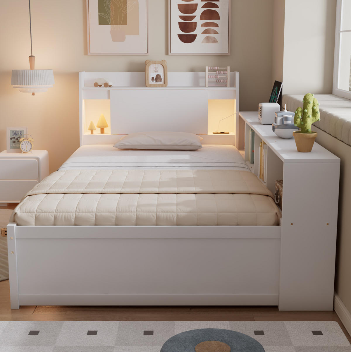JEDNOLÔŽKOVÁ posteľ 90/200 cm biela s úložným priestorom, 2 svetlami a nabíjacou zásuvkou z masívu a MDF - biela, drevo (90/200cm) - OKWISH