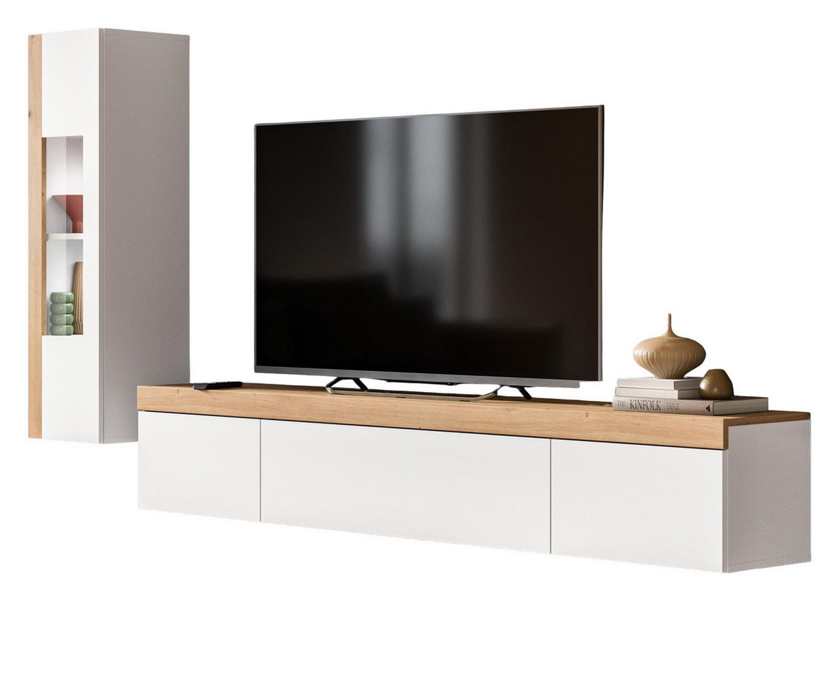 WOHNWAND 2-teilig weiß und Eiche 225 cm, Schrankwand stehend/hängend - Schwarz/Weiß, Glas/Holzwerkstoff (225/157/33cm) - Inn.Furn