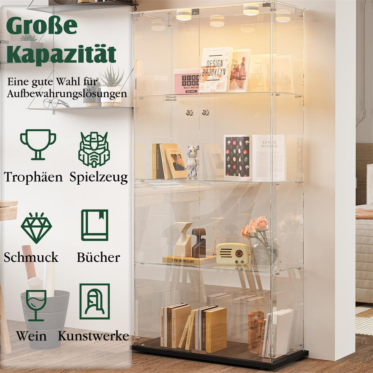 VITRINE - Glasvitrine mit 2 Türen und 4 Ebenen - integrierte LED-Spot-Beleuchtung - Schwarz - Schwarz, Glas (78.5/163/35cm) - DELFA