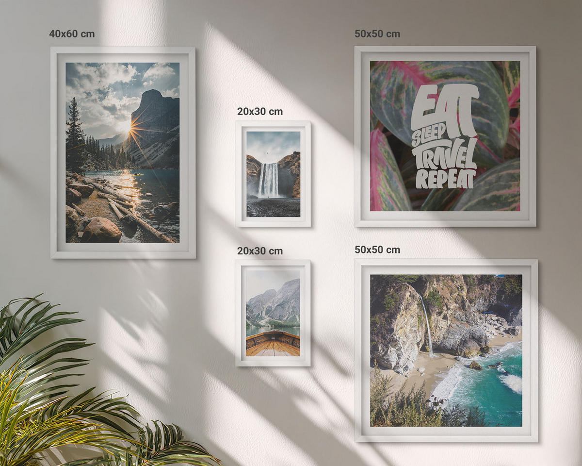 WANDBILDER 5er-Set - 50x50 cm & 20x30 cm & 40x60 cm Weißer Rahmen - Wasserfall Bergreise Natur - Weiß, Kunststoff (40/60cm) - ArtPrintCave