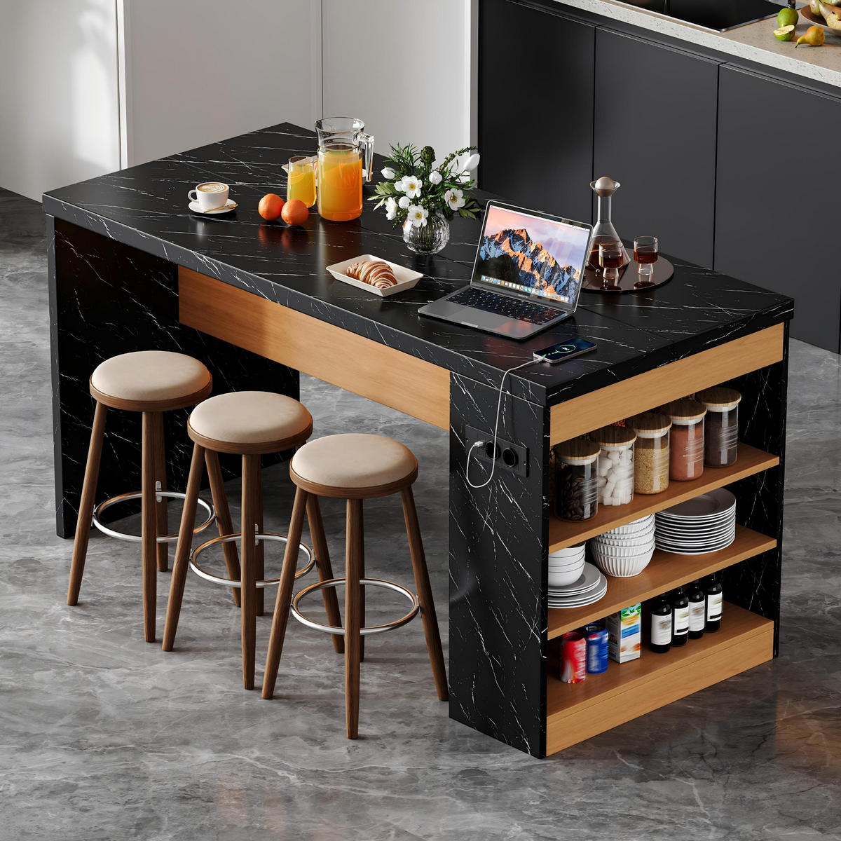 KÜCHENINSEL 155/80/90 cm Schwarz mit LED Beleuchtung, Steckdose und offenen Ablagen - Schwarz, Holz (80/90/155cm) - Oxeza