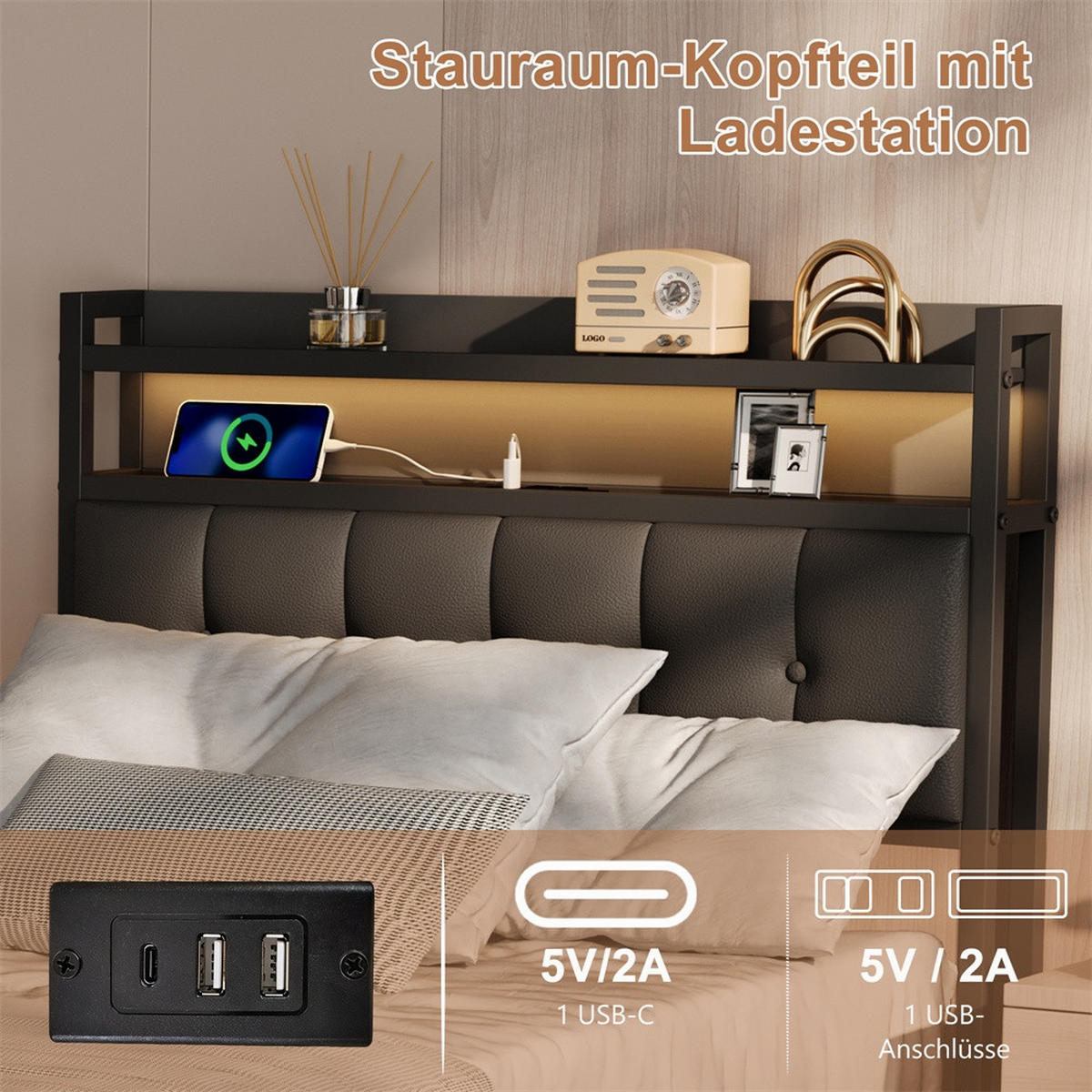 POLSTERBETT 90x200 cm mit hydraulischem Stauraum - Ladestation & LED-Beleuchtung - Gepolstertes Kopfteil - Schwarz - Schwarz, Textil (90/200cm) - DELFA