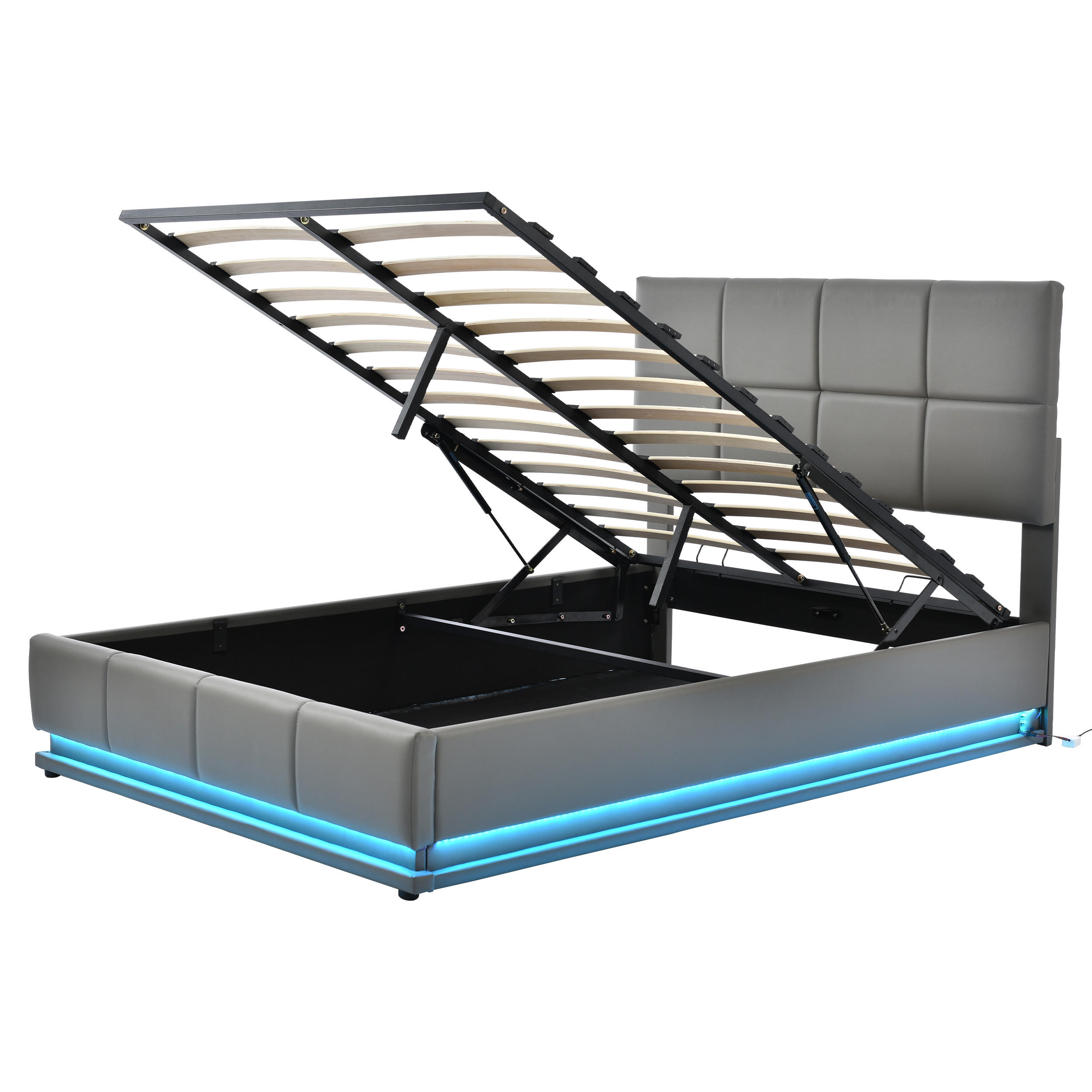 POLSTERBETT 140x200 LED Hydraulisch Stauraum Kunstleder Grau - Grau, Holzwerkstoff - FLIEKS