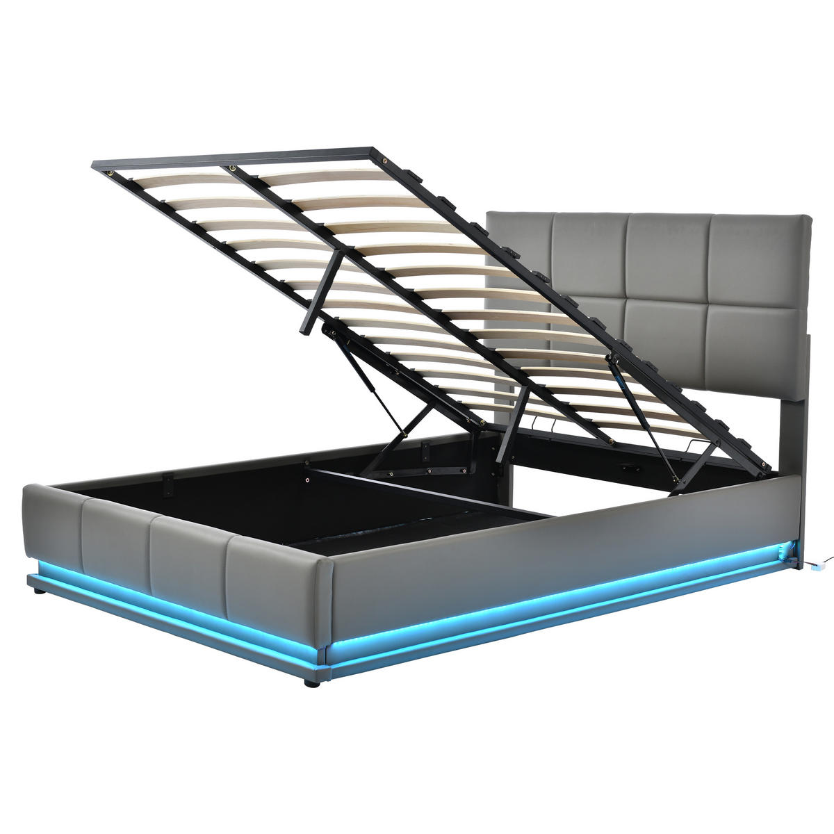 POLSTERBETT 140/200 cm grau mit LED-Beleuchtung und hydraulischem Bettkasten - Grau, Textil (140/200cm) - OKWISH