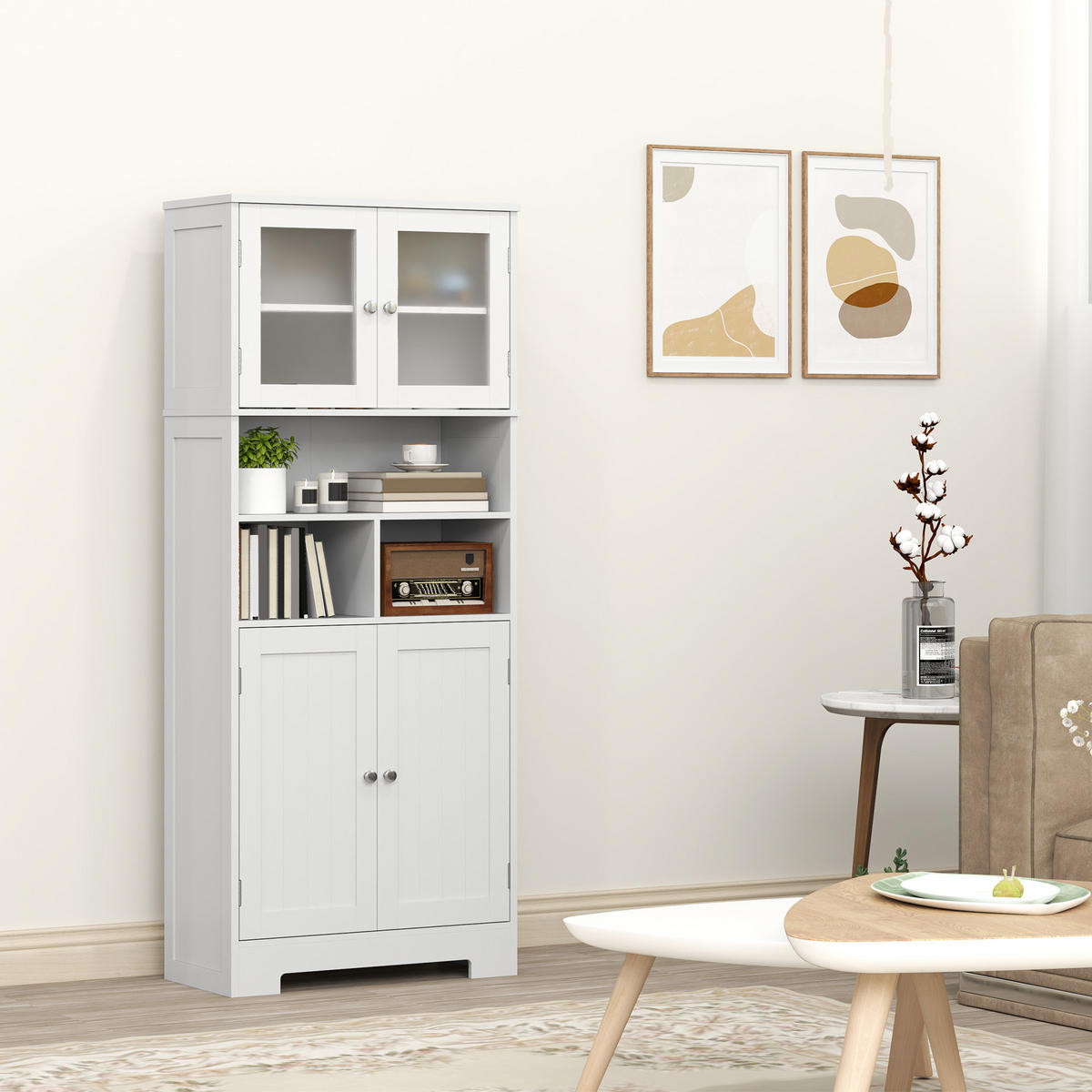 HIGHBOARD DE-11281 4 Glastüren & Nischen mit verstellbaren Böden Weiß - Weiß, Holzwerkstoff (30/145.5/60cm) - ComfortXL