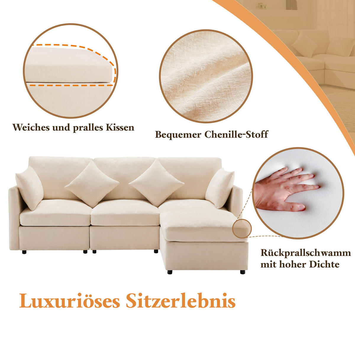 ECKSOFA Chenille mit Hocker 216/161/81 cm Beige inklusive 4 Kissen - Beige, Textil (161/216cm) - Redom