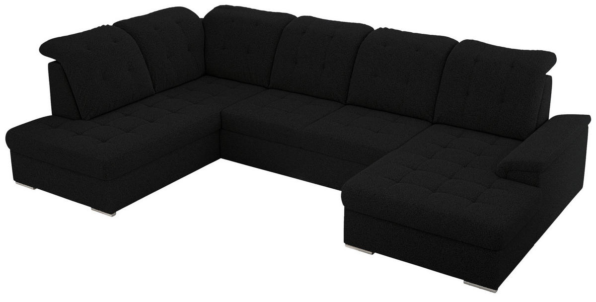 WOHNLANDSCHAFT MADRITO U - Schwarz Boucle - Links - Silberfarben/Schwarz, Textil/Metall (204/89/323cm) - MKS