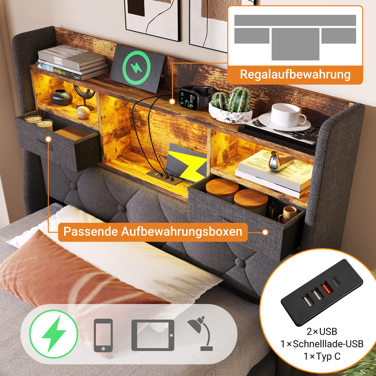 POLSTERBETT 90/200 cm Grau mit 2 Schubladen, LED-Beleuchtung und hydraulischer Stauraumfunktion - Grau, Textil (90/200cm) - Oxeza