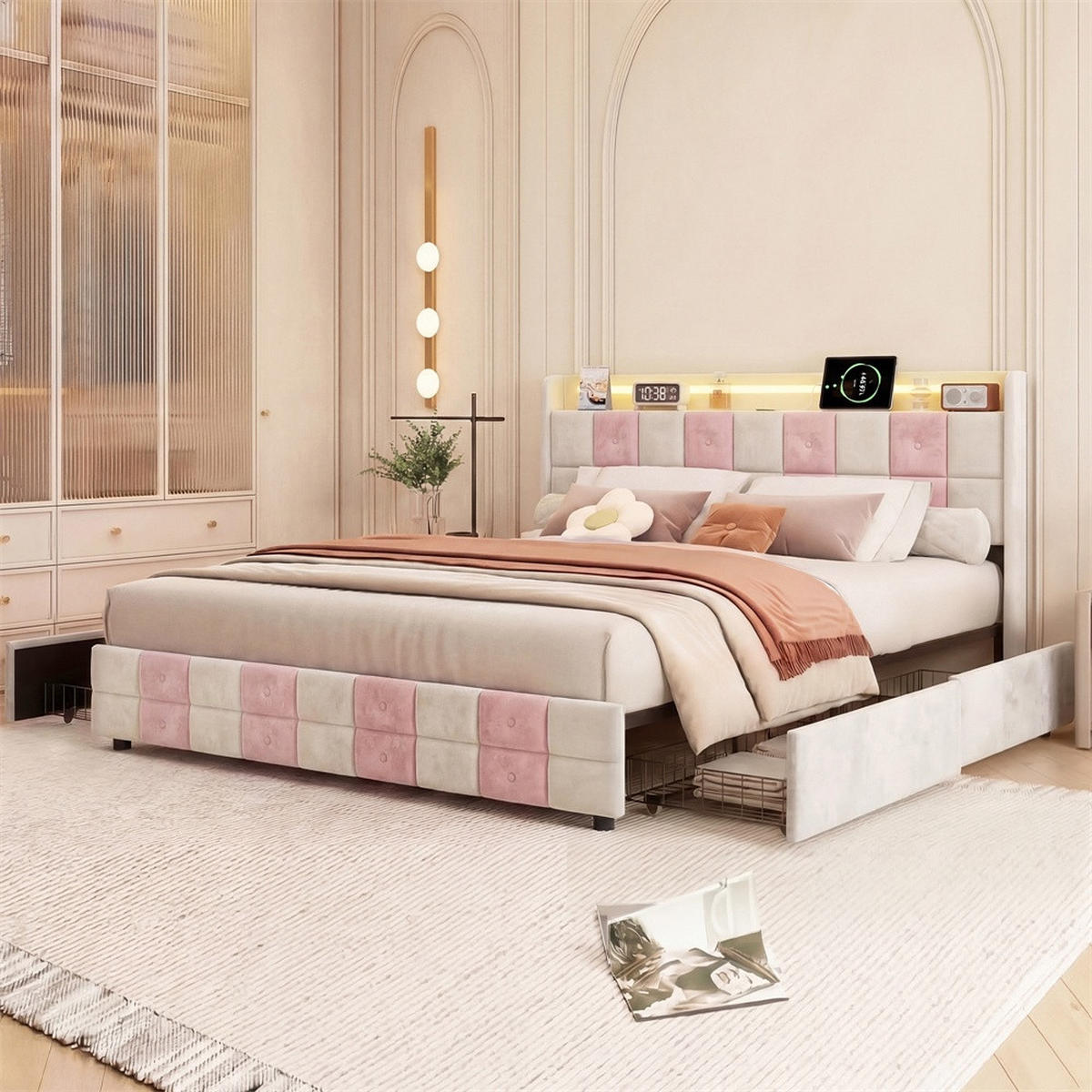 POLSTERBETT 140x200 cm - mit LED-Beleuchtung&USB-Ladefunktion und 4 Schubladen - ohne Matratze - Weiß-Rosa - Pink, Textil (140/200cm) - DELFA