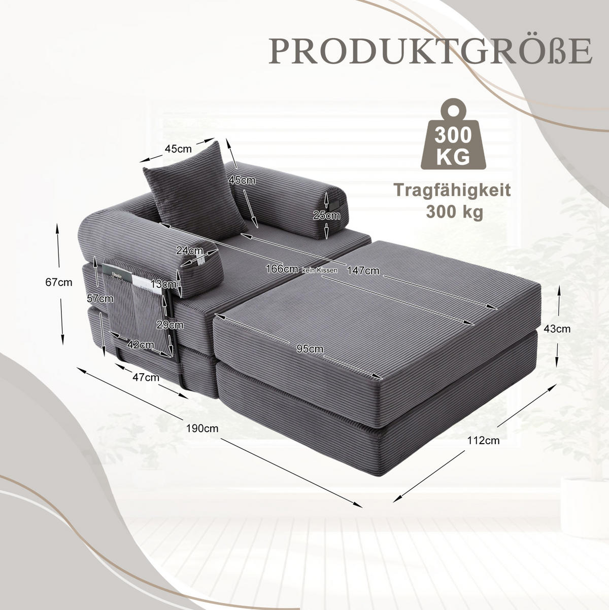 SOFA modular mit Hocker 112 x 190 x 67 cm Corduroy Dark Gray - Dunkelgrau, Kunststoff (190/67/112cm) - Meubliv