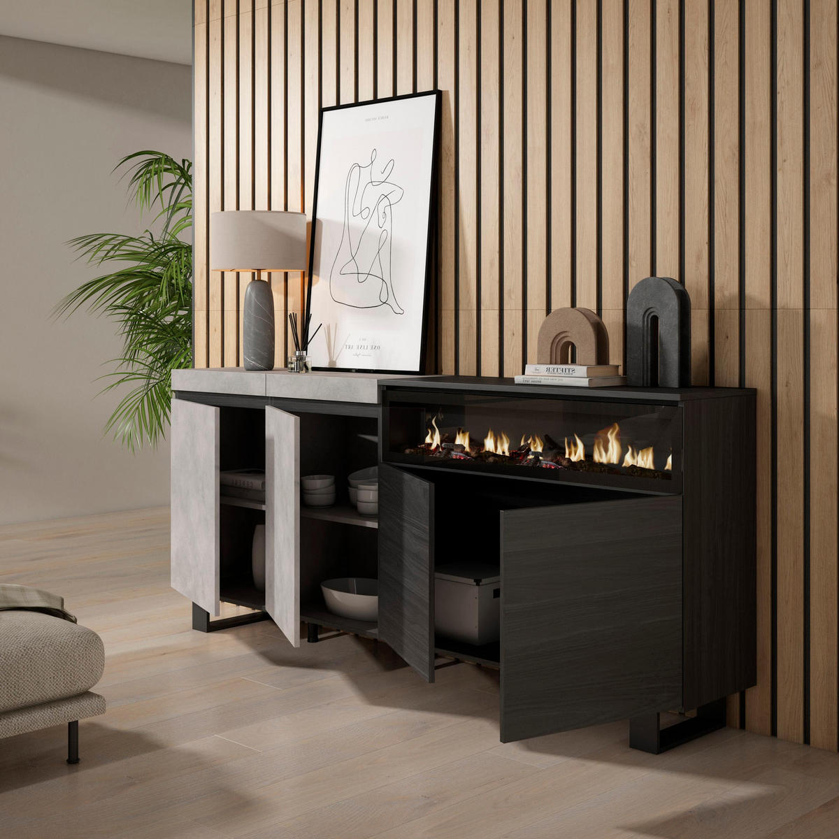 SIDEBOARD Elektrokamin, zementgrau, 200/35/87cm - Schwarz/Grau, Holzwerkstoff (200/87/35cm) - Skraut Home