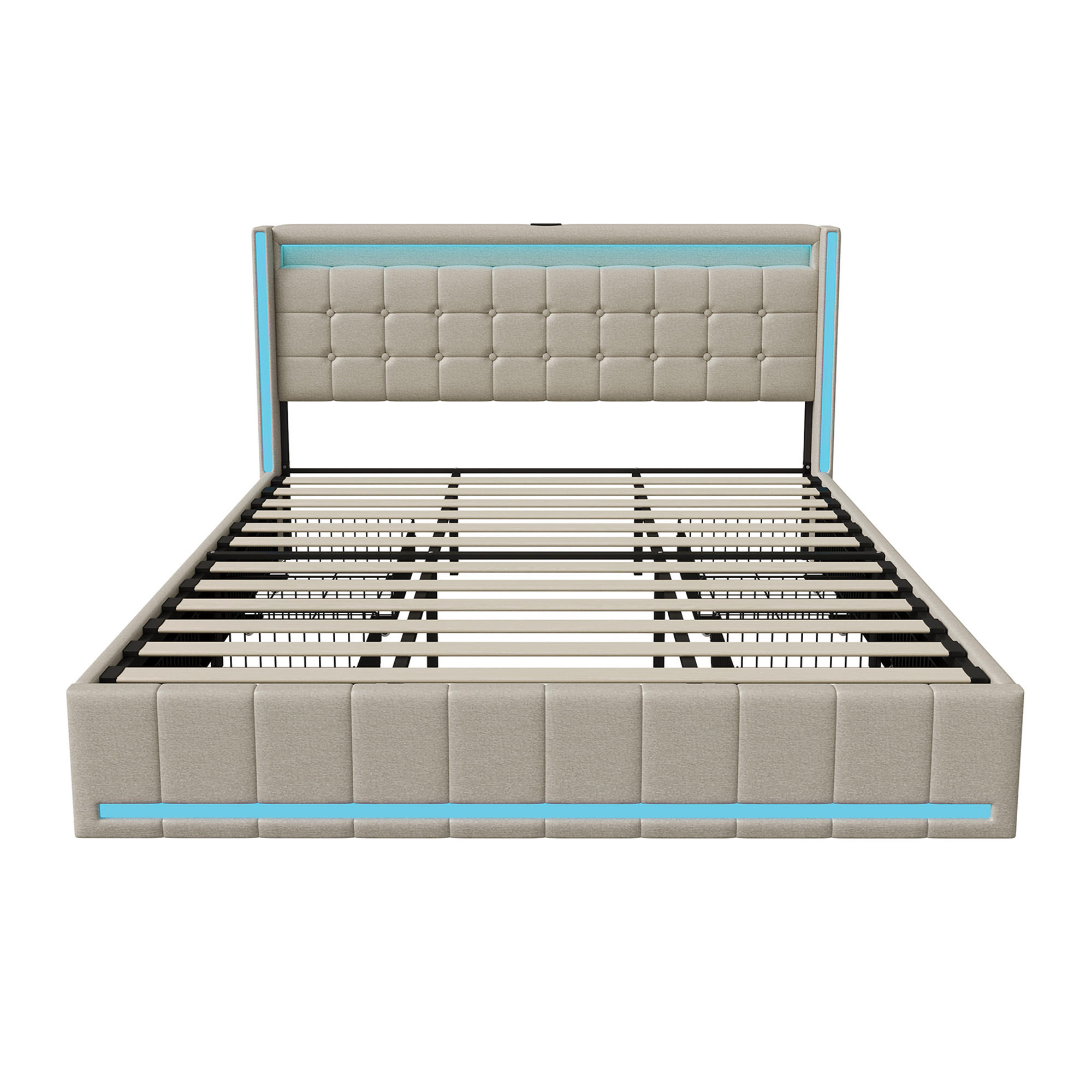POLSTERBETT 180x200 cm mit 4 Schublade, Doppelbett 180x200 cm mit LED und USB, Lattenrost, Bett 180x200, Beige Leinenstoff - Beige, Holzwerkstoff/Textil (180/200cm) - GENKI LIVING
