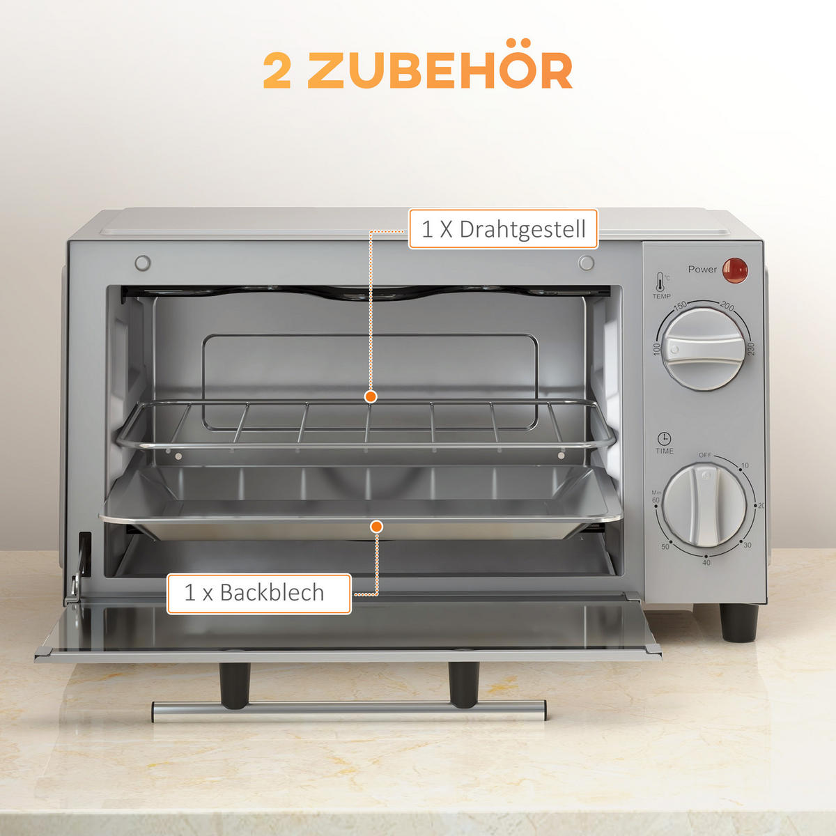 MINIBACKOFEN 9L 750W Mini Ofen mit Backblech & Grillrost, Temperatur 100-230°C, 60 Min. Timer, Edelstahl Silber - Silberfarben, Metall (35/20/24.6cm) - Beaface