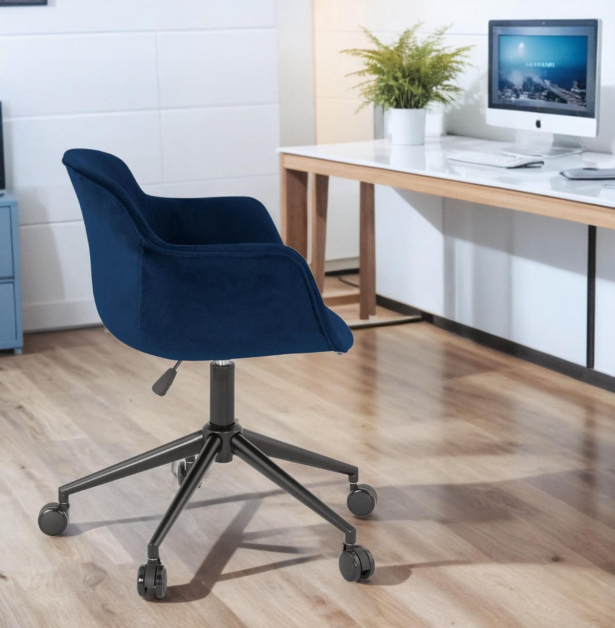 BÜROSTUHL Samt mit Rollen, 360° drehbar und höhenverstellbar PILANO, Blau 54x59x80 cm - Blau/Schwarz, Textil/Metall (59/80/54cm) - KADIMA DESIGN